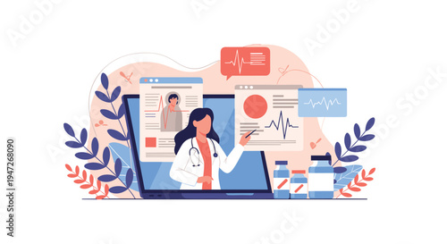 Professional female doctor providing online medical consultation through a laptop screen with various health charts and medicine.