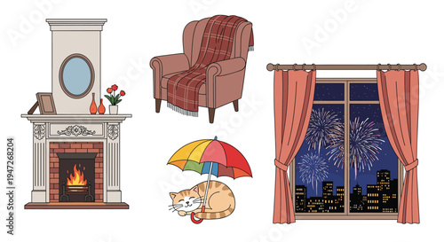 Colorful collage of cozy home elements including a warm fireplace, a comfortable armchair, and a large window with fireworks.