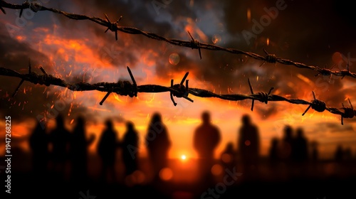 Barbed wire fence in sharp focus with crowd silhouettes at fiery sunset border scene, perfect for human rights awareness, editorial background