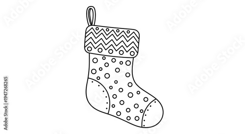 Festive Christmas stocking featuring various decorative patterns like dots and zigzags shown in a simple black line drawing.