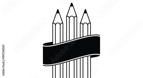 Three sharpened wooden pencils held together by a thick black ribbon in a simple and clean black and white illustration.