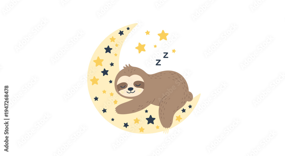 Fototapeta premium Cute brown sloth sleeping peacefully on a yellow crescent moon adorned with black and yellow stars over a white background.