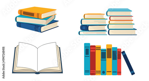 Variety of book arrangements featuring stacks of colorful hardcover textbooks and a wide open book with blank white pages.