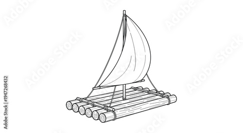 Simple line drawing of a primitive raft made from lashed wooden logs and a small white sail for navigating calm waters.