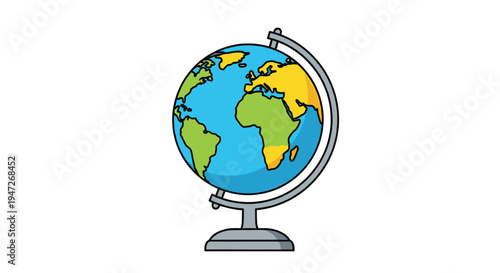 Desk globe model on a sturdy metal stand showing the continents of Africa and Europe in colorful geographic map detail.