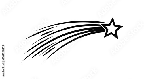 Simple black and white silhouette of a shooting star with a long flowing tail moving quickly through the dark night sky.