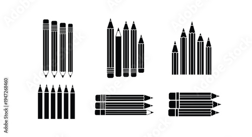 Comprehensive set of pencil silhouettes arranged in various groups of three, four, five, and six individual pencil pieces.