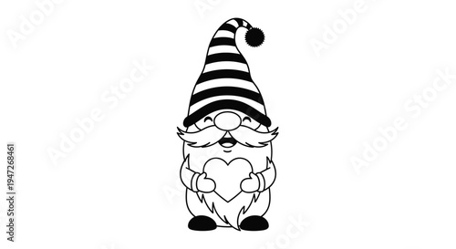 Cute gnome character with a long beard holding a small heart and wearing a tall black and white striped conical hat.