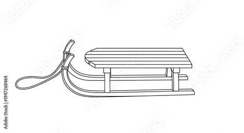 Traditional wooden winter sled with a long rope for pulling shown in a clean and simple black and white line art style.