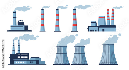 Set of blue and grey power plant icons featuring various cooling towers and smoking industrial factory chimneys on white.