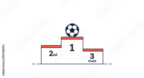 Soccer ball placed on top of a first place winner podium with second and third place steps on a clean white background.