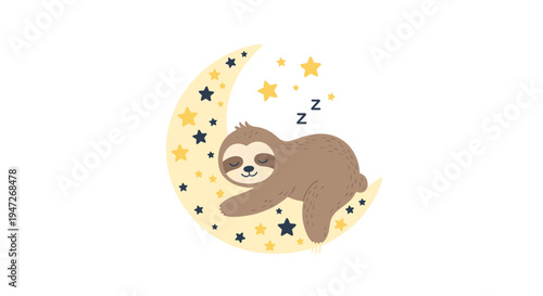 Cute brown sloth sleeping peacefully on a yellow crescent moon adorned with black and yellow stars over a white background.