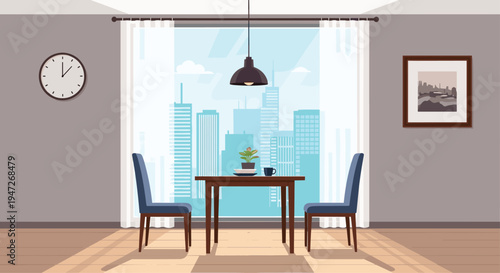 Modern dining room interior with a wooden table, blue chairs, and a large window overlooking a massive city skyline.