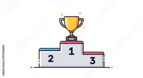 Shiny gold winner trophy cup standing on a three level competition podium with first, second, and third place rankings.
