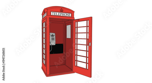 Iconic red british telephone box with its door open showing the interior phone equipment for a classic united kingdom street theme.
