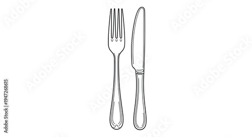 Simple black and white line art of a dining fork and knife set representing food service, restaurant, and catering industries.