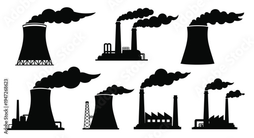 Various silhouettes of industrial factories and power plants emitting smoke from chimneys representing manufacturing and energy production concepts.