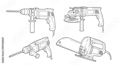 Group of professional power tools including electric drills, an angle grinder, and a jigsaw in a black and white technical illustration.