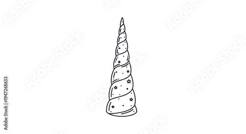 Single unicorn horn illustration with decorative stars and spiral texture in a clean black and white line art style for fantasy art.