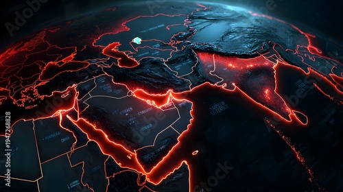 Digital world map highlighting middle east region with glowing borders and data style lighting, perfect for geopolitics analysis, news background graphics