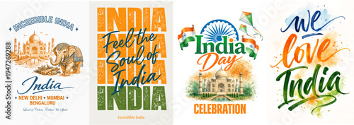 India vector poster collection featuring elephant and tricolor typography. Travel and culture illustration celebrating Indian heritage, and vibrant national identity.