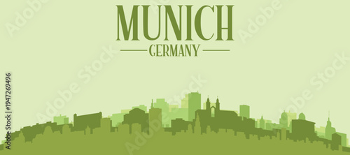 Green panoramic poster of the city skyline with solid background buildings on a hilly terrain of MUNICH, GERMANY