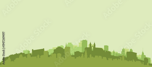 Green panoramic poster of the city skyline with solid background buildings on a hilly terrain of MUNICH, GERMANY