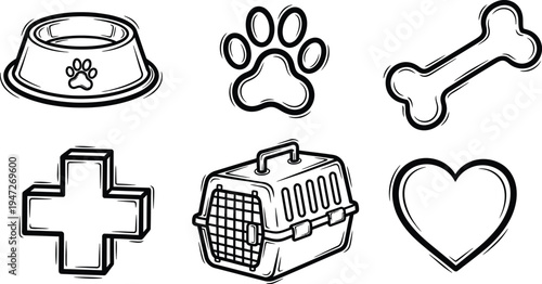 Collection of charming hand-drawn pet care icons, perfect for veterinary or animal service branding.