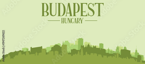 Green panoramic poster of the city skyline with solid background buildings on a hilly terrain of BUDAPEST, HUNGARY