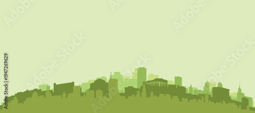 Green panoramic poster of the city skyline with solid background buildings on a hilly terrain of ATHENS, GREECE