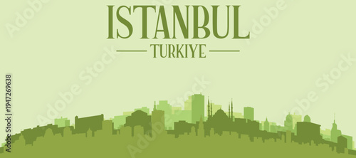 Green panoramic poster of the city skyline with solid background buildings on a hilly terrain of ISTANBUL, TURKEY