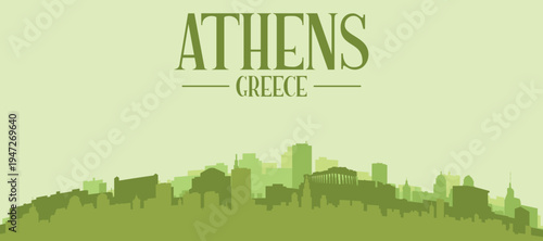 Green panoramic poster of the city skyline with solid background buildings on a hilly terrain of ATHENS, GREECE
