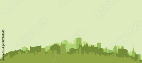 Green panoramic poster of the city skyline with solid background buildings on a hilly terrain of BUDAPEST, HUNGARY