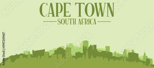 Green panoramic poster of the city skyline with solid background buildings on a hilly terrain of CAPE TOWN, SOUTH AFRICA