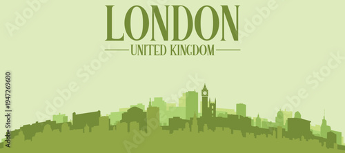 Green panoramic poster of the city skyline with solid background buildings on a hilly terrain of LONDON, UNITED KINGDOM
