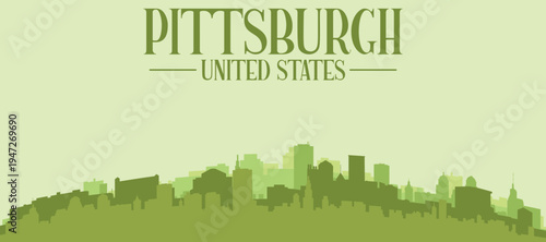 Green panoramic poster of the city skyline with solid background buildings on a hilly terrain of PITTSBURGH, UNITED STATES