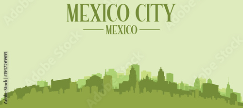 Green panoramic poster of the city skyline with solid background buildings on a hilly terrain of MEXICO CITY, MEXICO