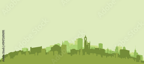 Green panoramic poster of the city skyline with solid background buildings on a hilly terrain of LONDON, UNITED KINGDOM