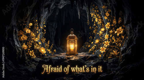 Glowing golden lantern in a dark cave revealing shadows as blooming flowers, a metaphor for facing the unknown and changing perception.