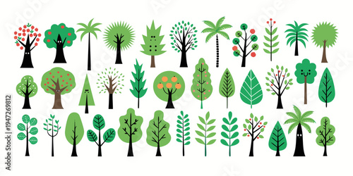 Set of flat vector illustrations of cartoon green trees lined up neatly in a row, including apple trees, orange trees, palm trees and garden shrubs, isolated on white background.