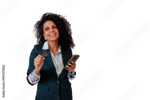 Smiling black woman shopping online with credit card and mobile phone, managing finances, transparent background