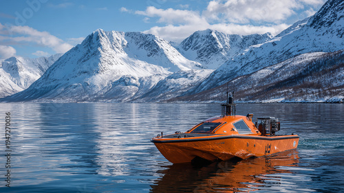 autonomous orange surface vehicle on calm water between snow capped mountains using sonar equipment for coastal monitoring hydrographic survey and underwater mapping operations