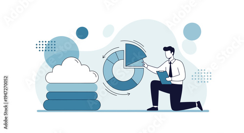 Business analyst analyzing data charts and cloud storage, modern flat design