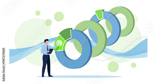 Business analyst examines growing pie charts, representing financial growth and data analysis