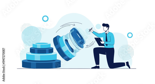 Business analyst inspecting complex gear mechanism, strategy and planning concept