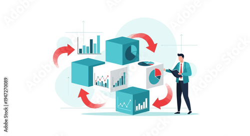 Business analytics and data visualization with charts, graphs, and a businessman