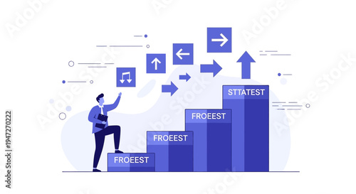 Business Growth Steps: Man Climbing Stairs Towards Success with Arrows and Icons