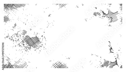 Horizontal grunge background with crosshatch texture and distressed edges in hand drawn style