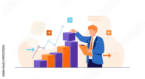Business man building success graph, financial growth, strategy, analytics, planning, data visualization