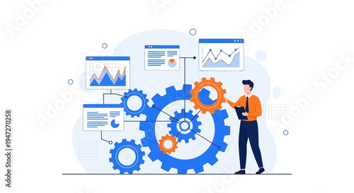 Business process automation with gears and charts, data analysis and strategy concept